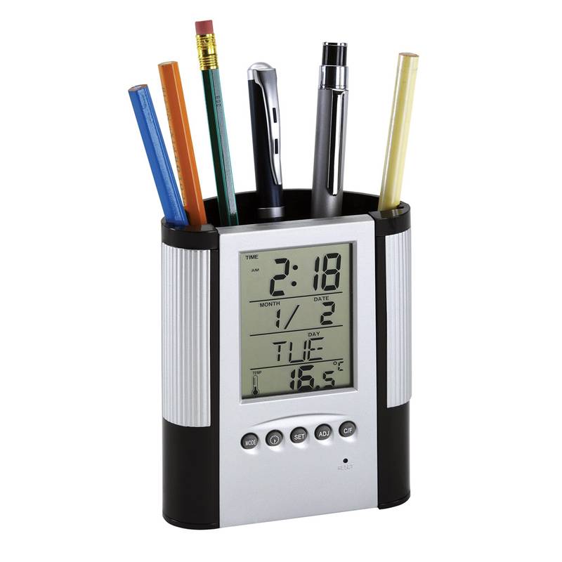 Budík i stojan na pera s kalendářem a teploměrem, stříbrná černá Budík i stojan na pera s kalendářem a teploměrem, stříbrná černá